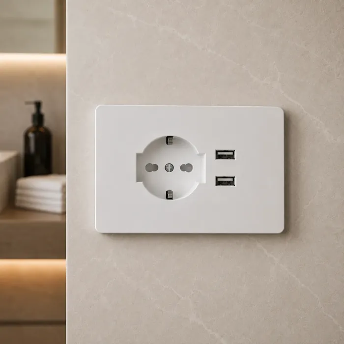 White European outlet with two USB-A ports beside a washbasin