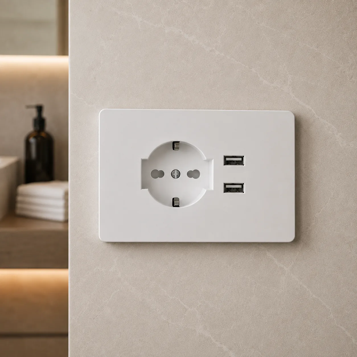 White European outlet with two USB-A ports beside a washbasin