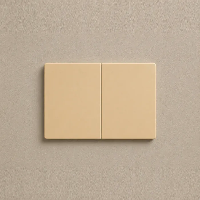 Two smooth matte champagne plates side by side on a warm grey wall
