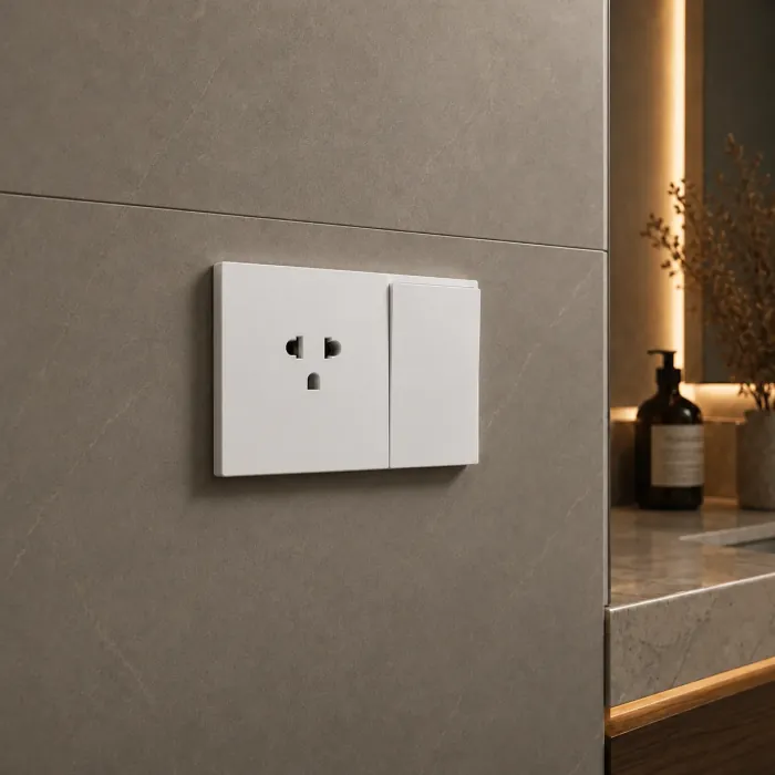 White outlet and switch on a single plate against a stone wall