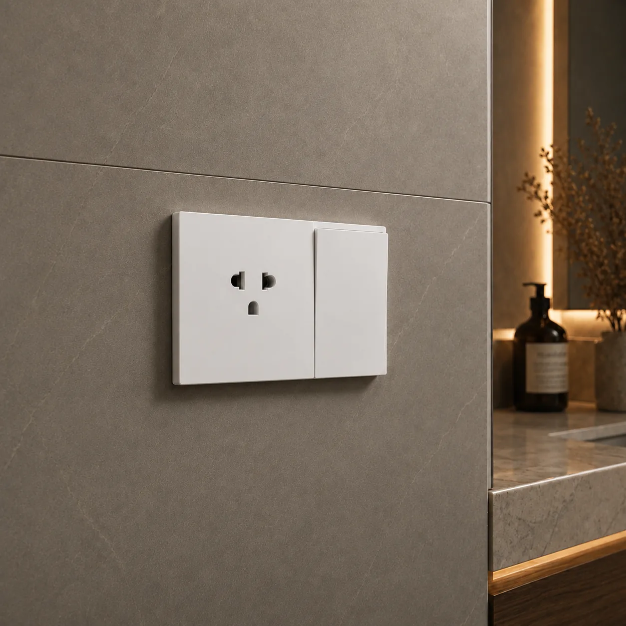 White outlet and switch on a single plate against a stone wall