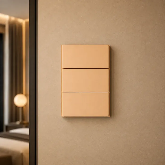 Three stacked matte champagne switches on a warm plaster wall
