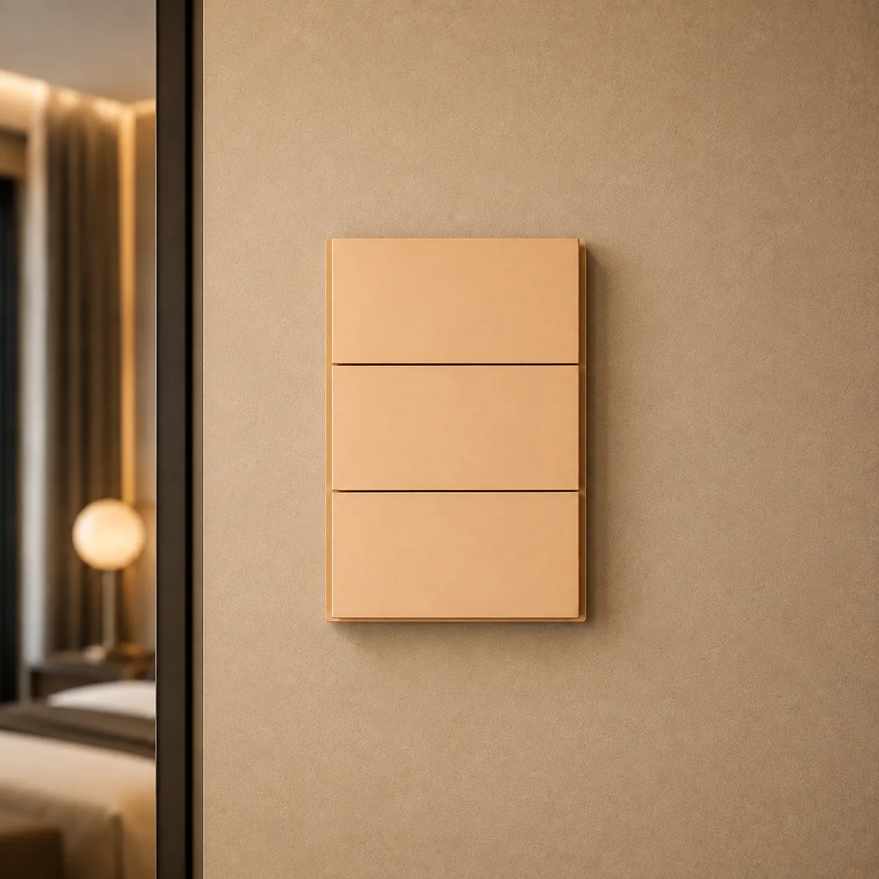 Three stacked matte champagne switches on a warm plaster wall