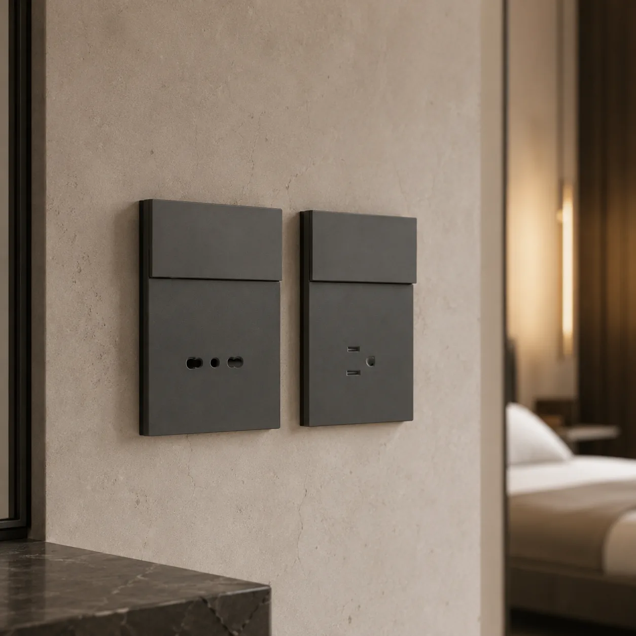 Matte grey switch and outlet side by side on a stone wall