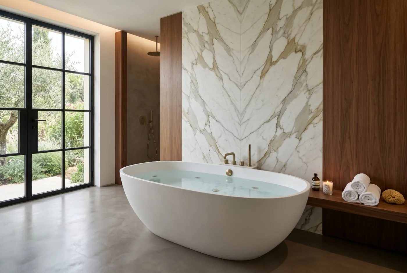 Freestanding bathtub beside a garden window