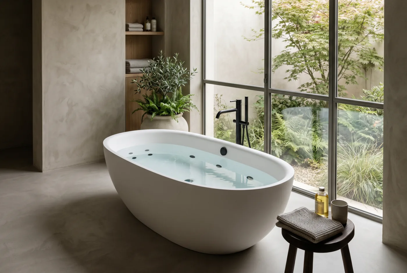 Oval hydromassage bathtub facing a garden window with a black floor-mounted filler