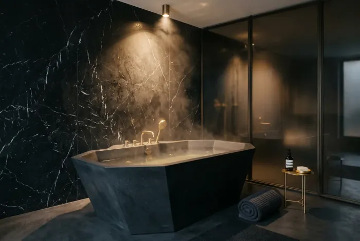 Faceted dark stone bathtub against black marble with brass fittings