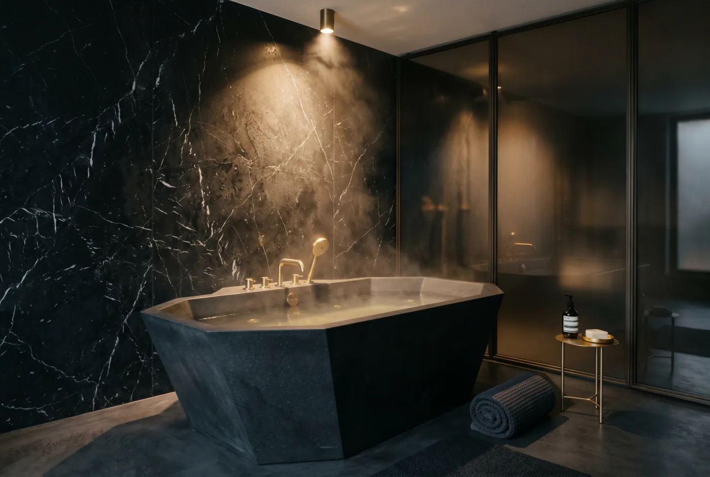 Faceted dark stone bathtub against black marble with brass fittings