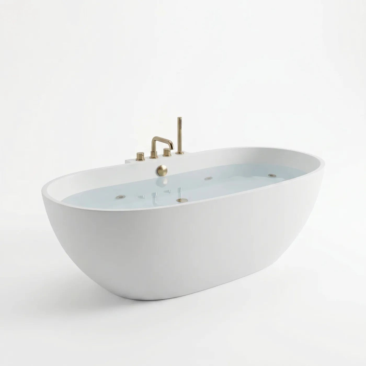 Freestanding hydromassage bathtub in matte white with brushed brass fittings