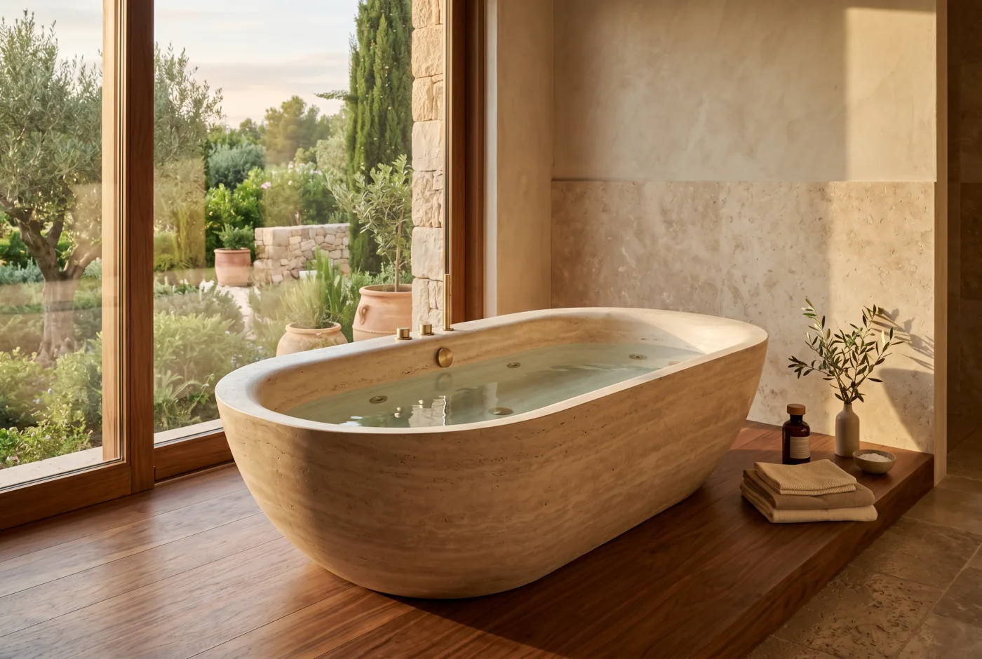 Bathtub carved in travertine on a walnut platform with a Mediterranean view