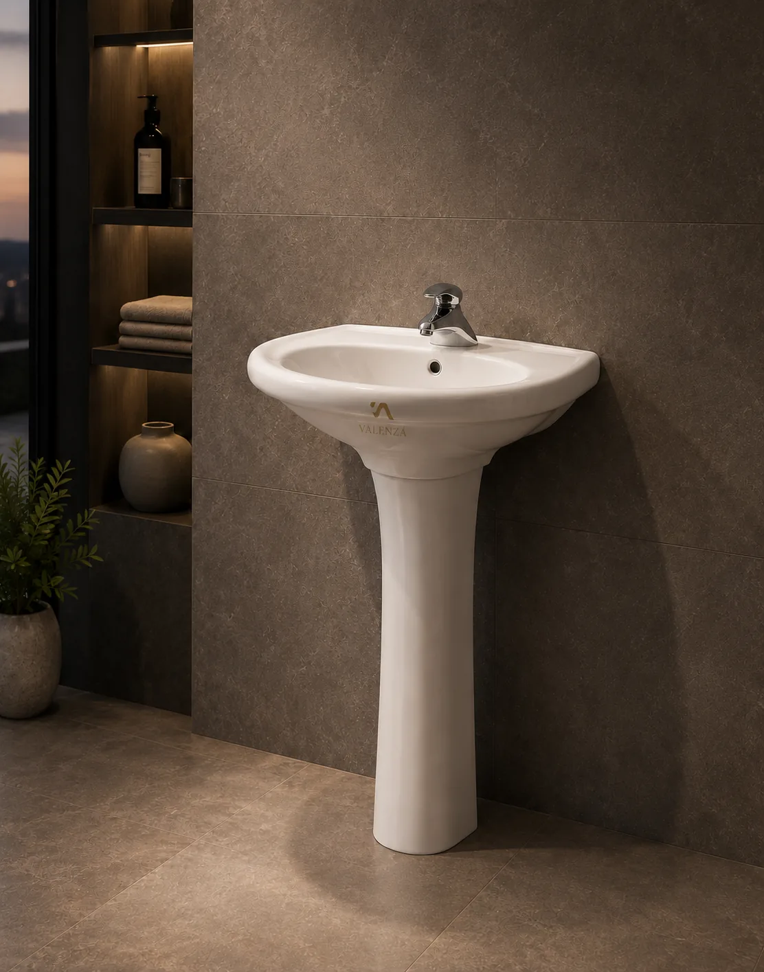 Pedestal basin with a rounded bowl on a slender flared column in white ceramic