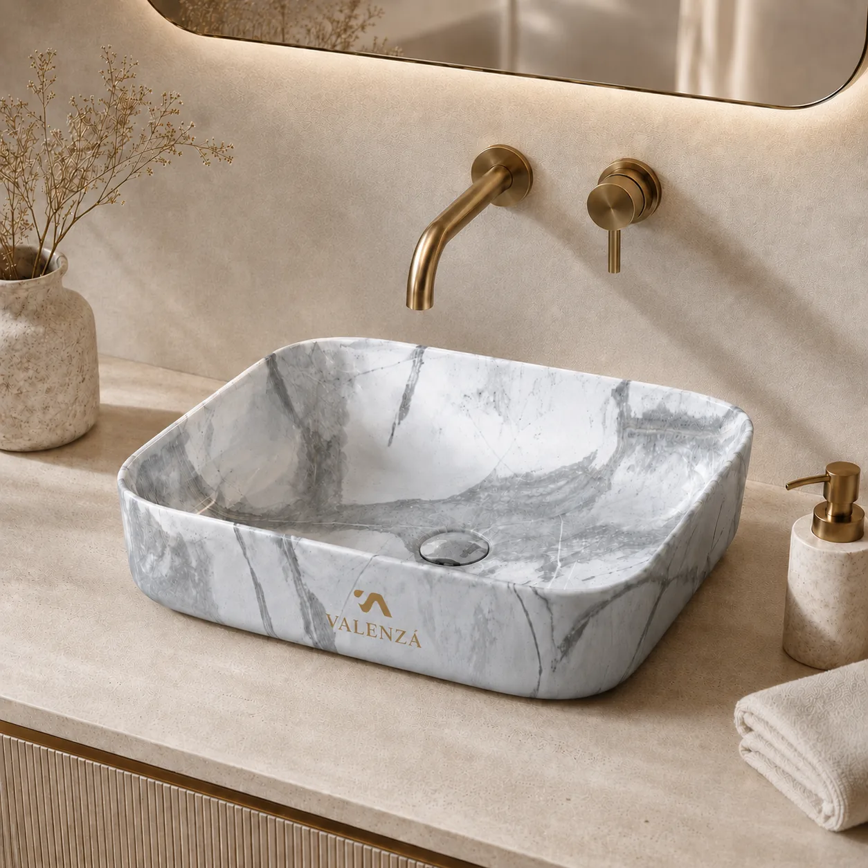 Rectangular vessel basin in white and grey veined marble