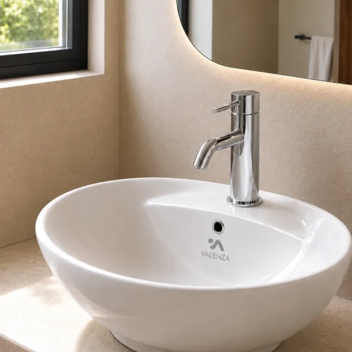 Round white ceramic vessel basin with a chrome mixer