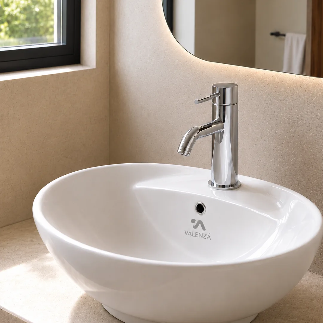 Round white ceramic vessel basin with a chrome mixer