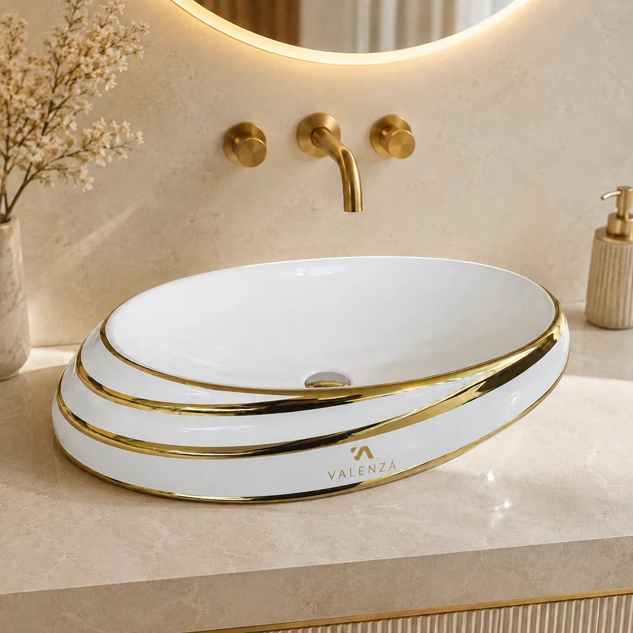 Oval white ceramic vessel basin with gold banding