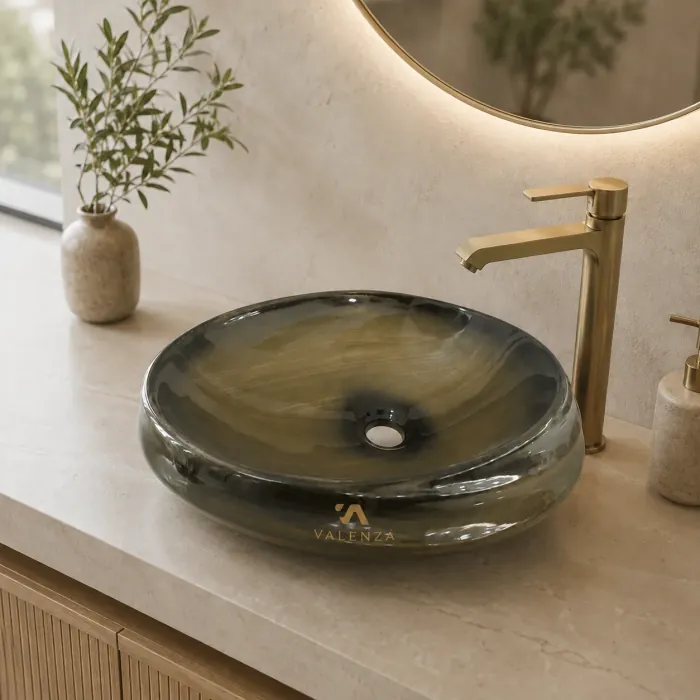 Oval vessel basin in translucent green onyx