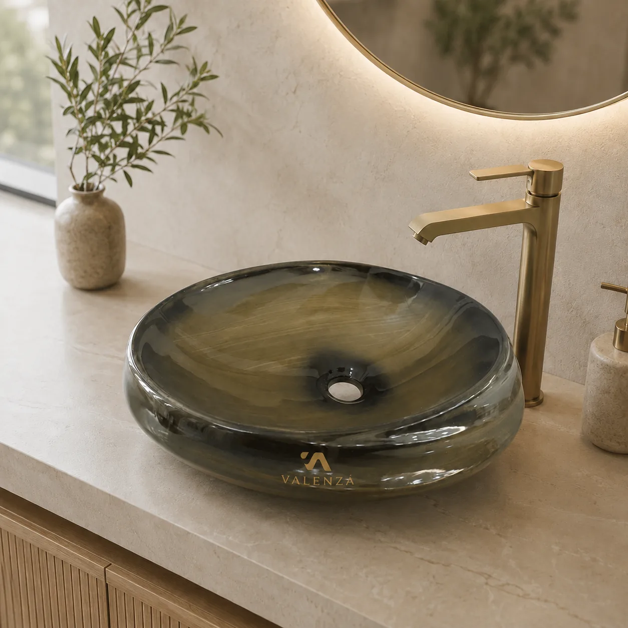 Oval vessel basin in translucent green onyx