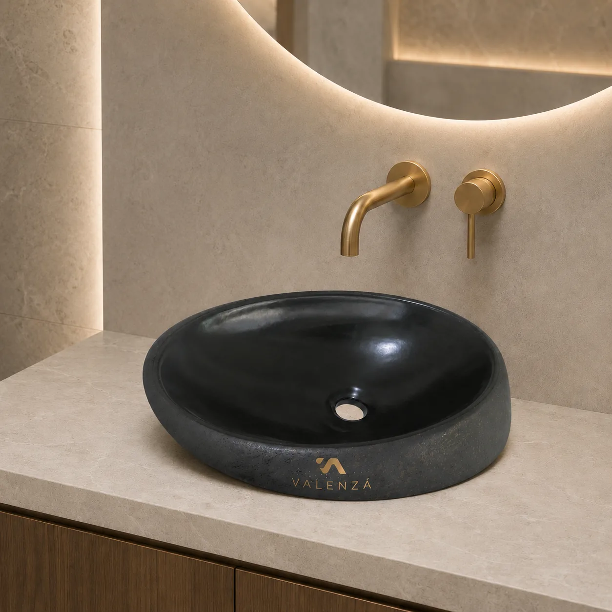 Oval vessel basin carved in black stone