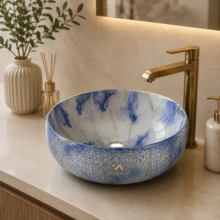Round ceramic vessel basin hand-painted in blue and white
