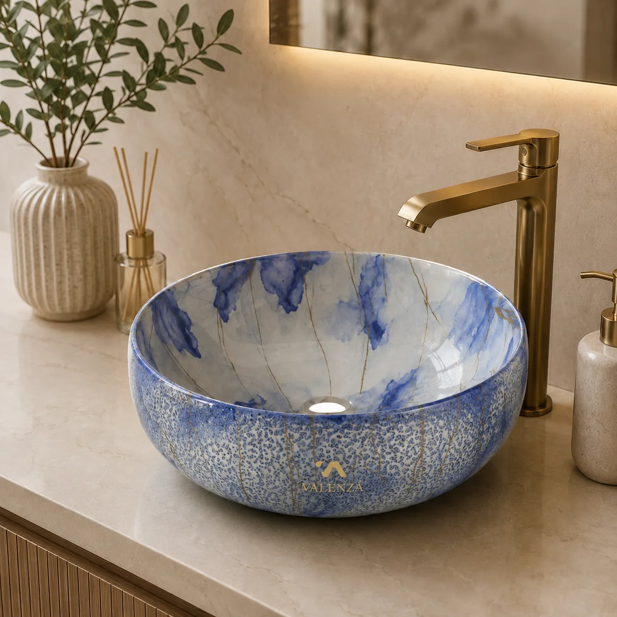 Round ceramic vessel basin hand-painted in blue and white