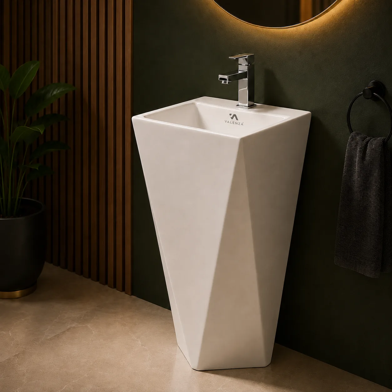 Freestanding one-piece basin with a faceted tapered base in white ceramic