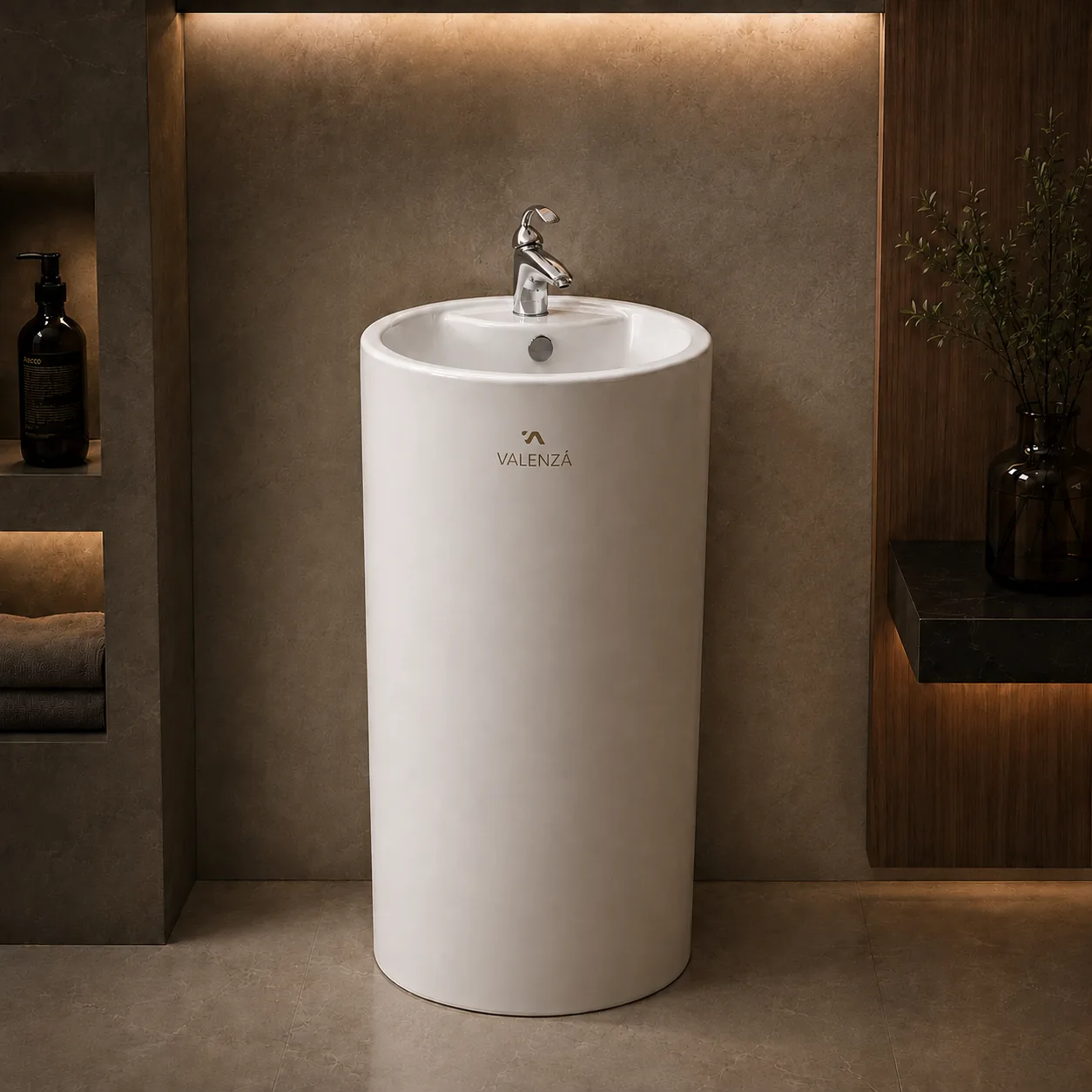 Freestanding one-piece cylindrical basin in white ceramic