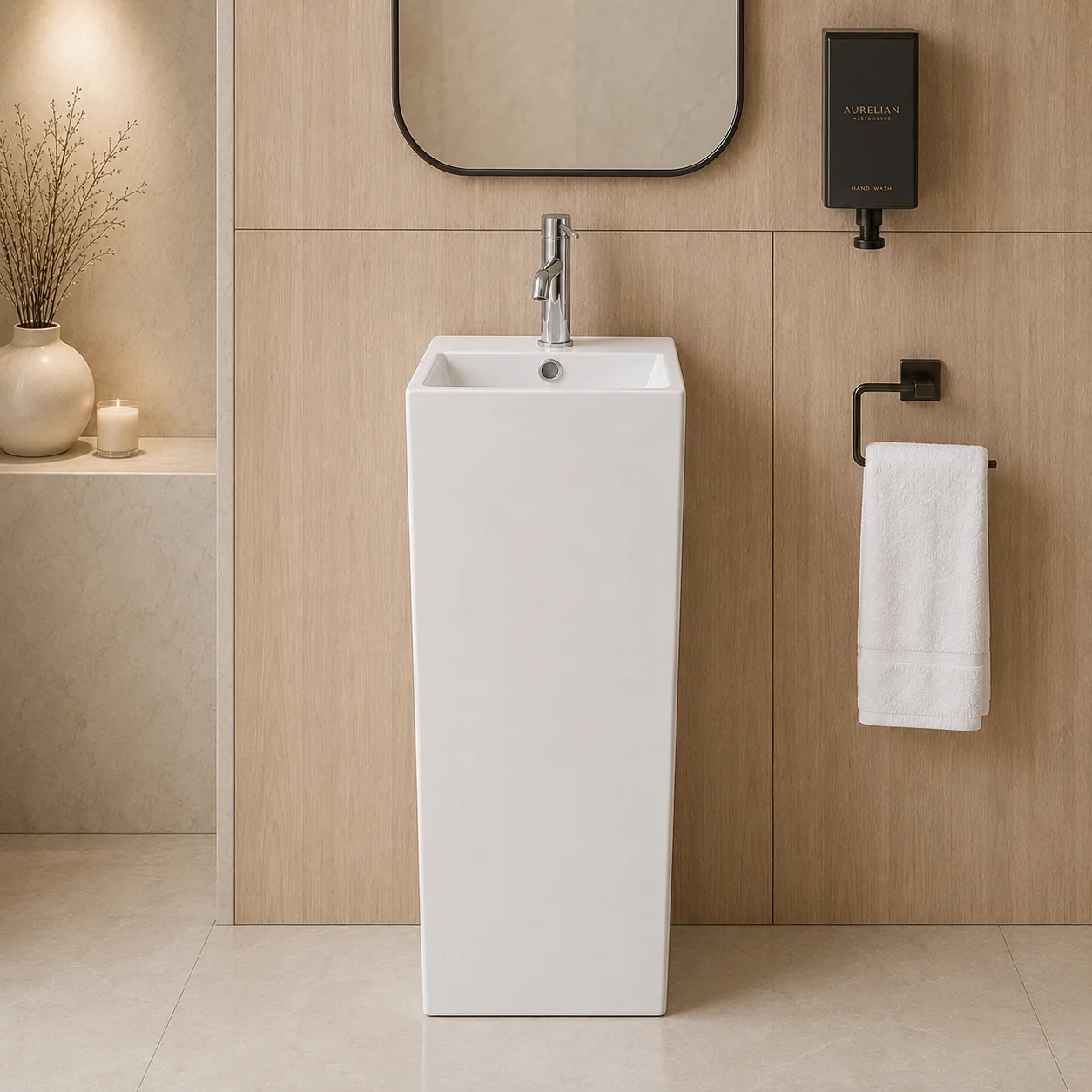 Freestanding one-piece rectangular basin in white ceramic
