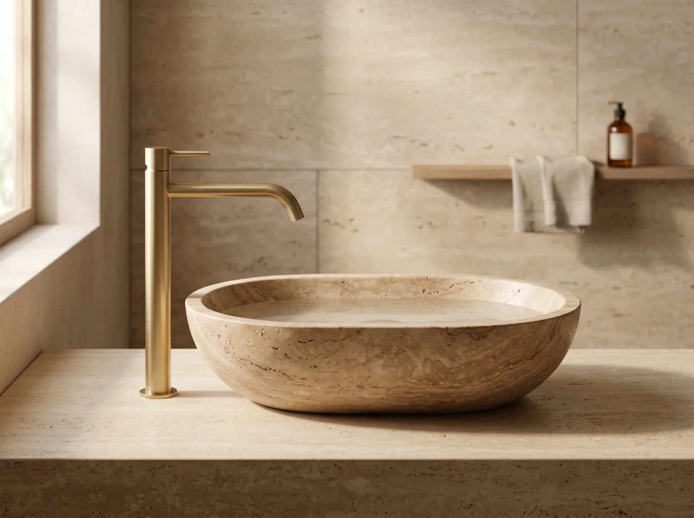 Oval basin carved in travertine with a tall brushed brass mixer