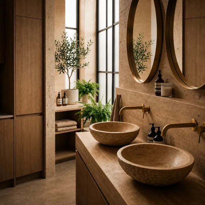 Round travertine vessel basin on a stone top, with a wall mounted brushed brass mixer