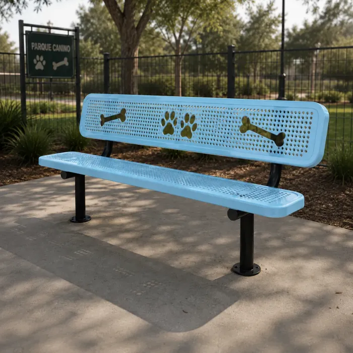 Light blue perforated steel bench with bone and paw motifs