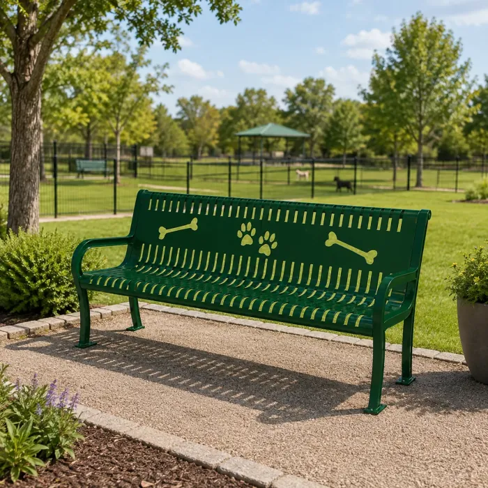 Green steel bench with bone and paw cutouts in a dog park