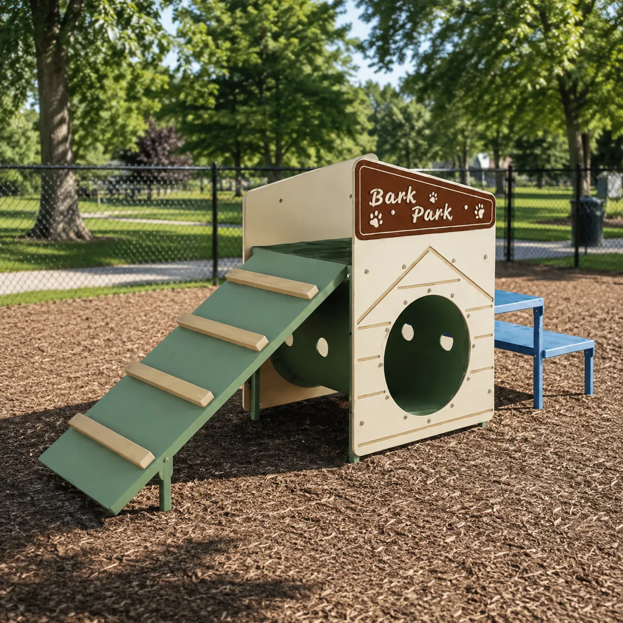 Wooden dog house play unit with a ramp and a Bark Park sign