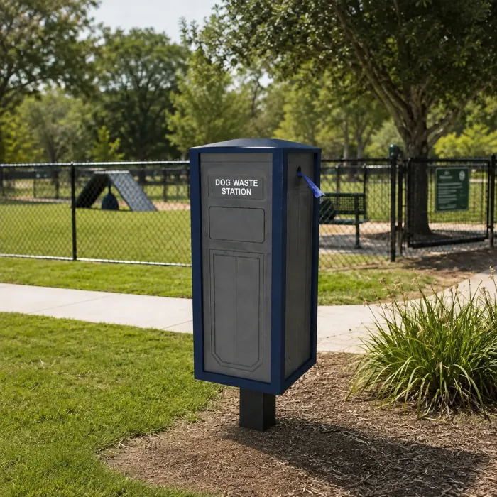 Navy blue rectangular dog waste station bin