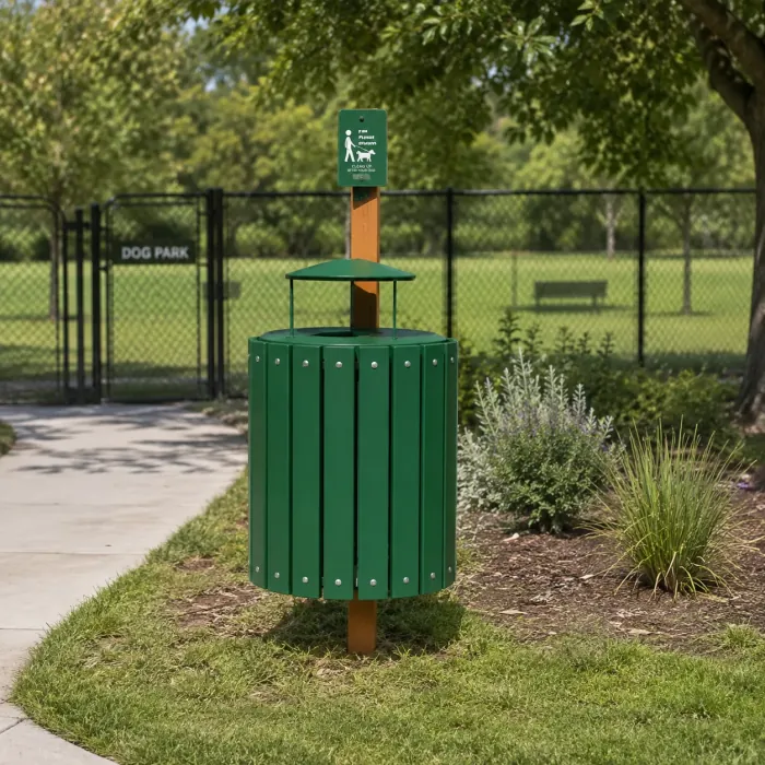 Green slatted waste bin with a canopy lid on a park path