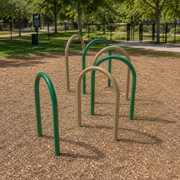 Agility course of green and sand-coloured arches over wood mulch