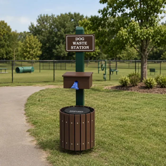 Brown waste station with a bag dispenser and a slatted bin