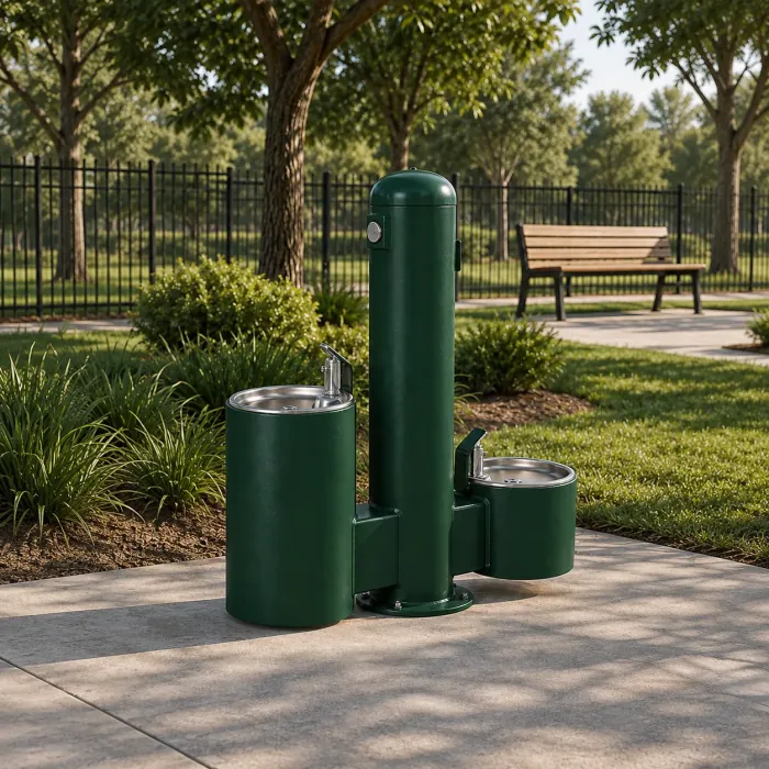 Green drinking fountain with a bowl for dogs and a higher spout