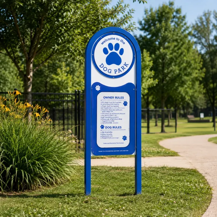 Blue arched dog park sign with owner rules on two posts