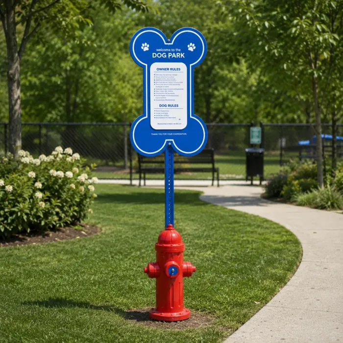 Blue bone-shaped dog park sign above a red fire hydrant