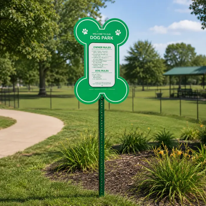 Green bone-shaped dog park sign on a single post