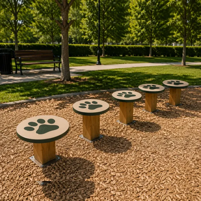 Row of stepping platforms with paw prints and sand-coloured tops on timber bases