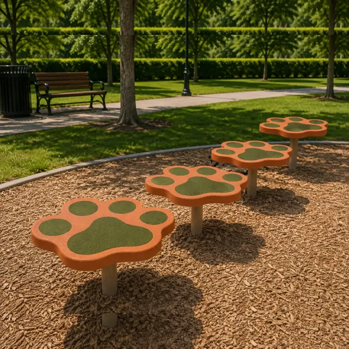 Row of paw-shaped stepping platforms in terracotta and green