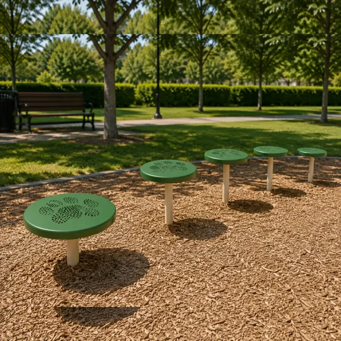 Row of green stepping platforms with perforated paw prints