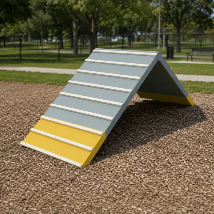 Grey and yellow A-frame dog climb with anti-slip treads