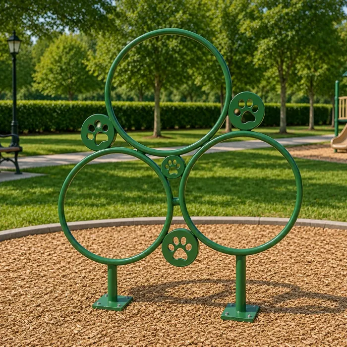 Green steel hoop jump with paw-print cutouts in a dog park