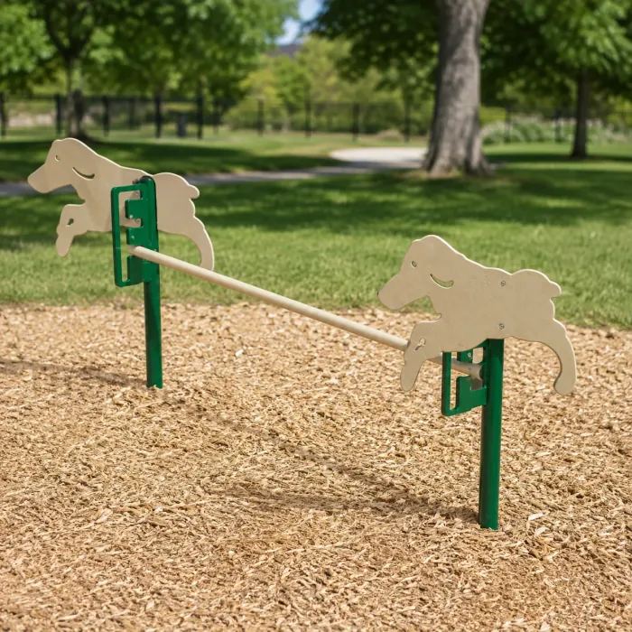 Dog jump hurdle with two pale wood dog silhouettes on green posts