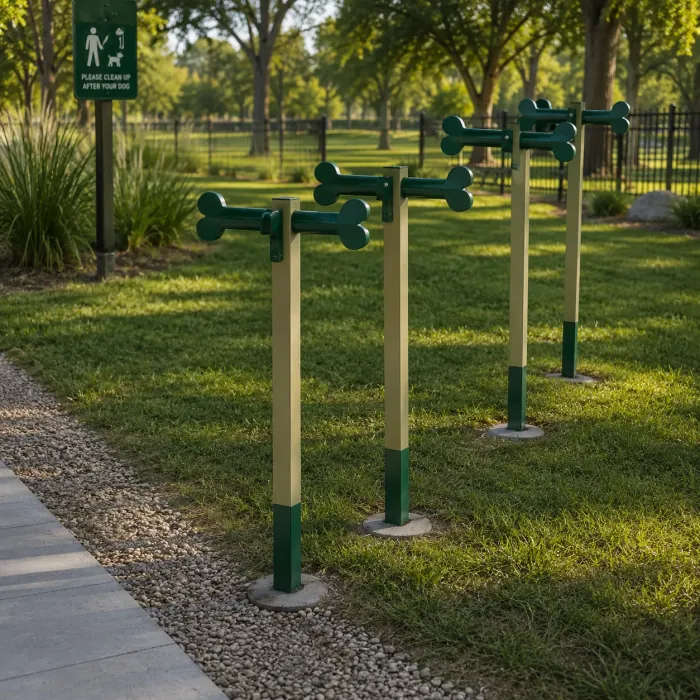 Agility weave posts topped with green bone-shaped bars