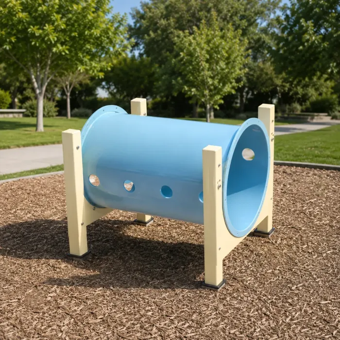 Light blue dog tunnel raised on cream posts