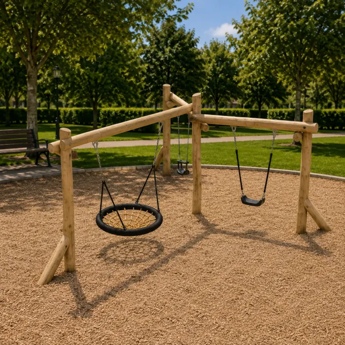Wooden swing set with a nest swing and a flat seat
