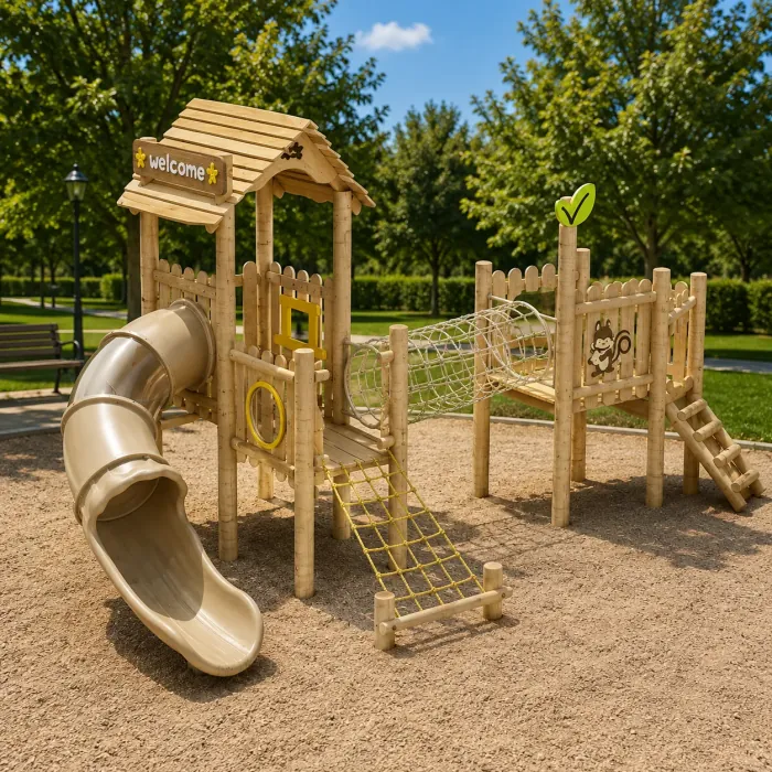 Wooden playground with a tube slide, climbing net and rope bridge